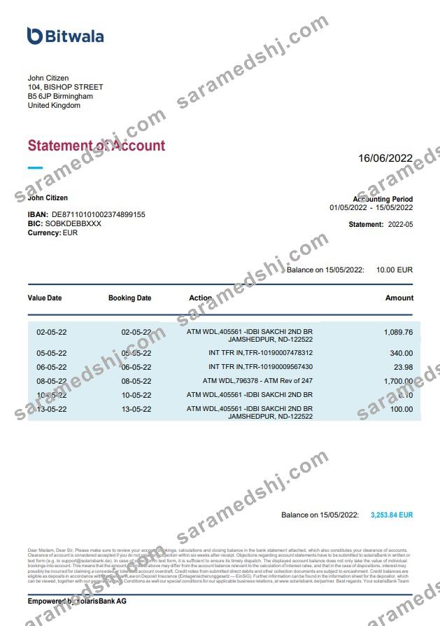 United Kingdom Bitwala bank statement, Word and PDF template